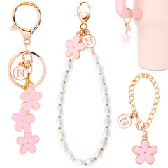 HONYJOOM Initial Letter Keychain Cute Accessories Flower Car Key Chain Bag Purse Backpack Charms Phone Strap Wrist Cup Charms for Tumblers (N Keychain Pink)