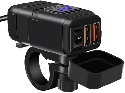 Motorcycle USB Phone Charger Waterproof Dual Port QC3.0 USB Fast Charger with 12V Voltmeter and ON/Off Power Switch & 10A Fuse SAE to USB Adapter Motorcycle Accessories for Phone GPS Tablet (Blue)